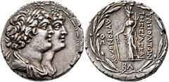 Greek PHOENICIA. Tripolis. Late 2nd to early 1st century BC. Tetradrachm (Silver, 26 mm, 15.01 g, 12 h), Aradian standard, CY 32. Jugate laureate and draped busts of the Dioskouroi to right, stars abo