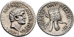 Roman Republican & Imperatorial Mark Antony, 44-30 BC. Denarius (Silver, 20 mm, 3.90 g, 3 h), Antiochia on the Orontes or a military mint travelling with Canidius Crassus in Armenia, 37. ANTONIVS•AVGV