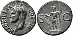 Roman Imperial Agrippa, died 12 BC. As (Copper, 28 mm, 11.10 g, 6 h), Rome, struck under Caligula, 37-41. M•AGRIPPA•L•F•COS•III Head of Agrippa to left, wearing rostral crown. Rev. S - C Neptune, nude