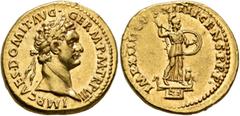 Roman Imperial Domitian, 81-96. Aureus (Gold, 21 mm, 7.52 g, 6 h), Rome, January-September 88. IMP•CAES•DOMIT•AVG•GERM•P•M•TR•P VII Laureate head of Domitian to right. Rev. IMP•XIIII•COS•XIIII•CENS•P•