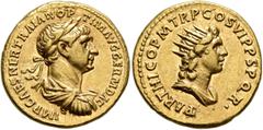 Roman Imperial Trajan, 98-117. Aureus (Gold, 19 mm, 7.11 g, 8 h), Rome, autumn 116-August 117. IMP CAES NER TRAIAN OPTIM AVG GERM DAC Laureate, draped and cuirassed bust of Trajan to right, seen from 