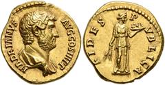 Roman Imperial Hadrian, 117-138. Aureus (Gold, 19 mm, 7.38 g, 6 h), Rome, 136. HADRIANVS AVG COS III P P Bare-headed and draped bust of Hadrian to right, seen from behind. Rev. FIDES PVBLICA Fides sta