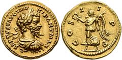 Roman Imperial Septimius Severus, 193-211. Aureus (Gold, 20 mm, 7.09 g, 11 h), Laodicea ad Mare (?), 201. L SEPT SEV AVG IMP XI PART MAX Laureate, draped and cuirassed bust of Septimius Severus to rig
