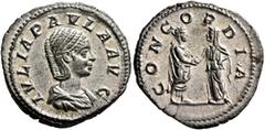 Roman Imperial Julia Paula, Augusta, 219-220. Denarius (Silver, 20 mm, 3.39 g, 11 h), Rome, 219. IVLIA PAVLA AVG Draped bust of Julia Paula to right. Rev. CONCORDIA Julia Paula, veiled and on the righ