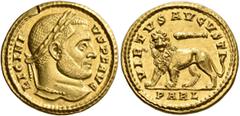 Roman Imperial Licinius I, 308-324. Solidus (Gold, 18 mm, 4.49 g, 6 h), Arelate, spring 313. LICINI-VS P F AVG Laureate head of Licinius I to right. Rev. VIRTVS AVGVSTI / PARL Lion advancing to left, 