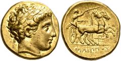 Greek KINGS OF MACEDON. Philip II, 359-336 BC. Stater (Gold, 17 mm, 8.62 g, 9 h), Pella, under Philip II or Alexander III, circa 340/36-328. Laureate head of Apollo to right. Rev. ΦΙΛΙΠΠOY Charioteer 