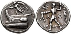 Greek KINGS OF MACEDON. Demetrios I Poliorketes, 306-283 BC. Drachm (Silver, 17 mm, 4.23 g, 1 h), Tarsos, circa 298-295. Nike, blowing a trumpet and holding a stylis, standing to left on a left-facing