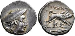 Greek AITOLIA, Aitolian League. Circa 170-160 BC. Triobol (Silver, 16 mm, 2.45 g, 12 h), Korkyrean standard. Head of Aitolia to right, wearing kausia. Rev. ΑΙΤΩΛΩ[N] Boar jumping right; below, two mon