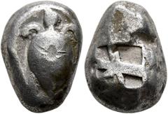 Greek ISLANDS OFF ATTICA, Aegina. Circa 525-480 BC. Stater (Silver, 20 mm, 12.20 g). Sea turtle seen from above, head in profile. Rev. Square incuse with 'proto-skew' pattern. Asyut Group VIb, 521-32.