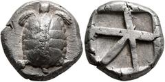 Greek ISLANDS OFF ATTICA, Aegina. Circa 456/45-431 BC. Stater (Silver, 18 mm, 12.34 g). Land tortoise with segmented shell. Rev. Incuse square with skew pattern. HGC 6, 437. Meadows, Aegina, Group III