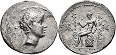 Greek SELEUKID KINGS. Antiochos V Eupator, 164-162 BC. Tetradrachm (Silver, 31 mm, 15.80 g, 12 h), Ake-Ptolemais. Struck under Lysias, 165-164. Diademed head of Antiochos V to right; behind, monogram 