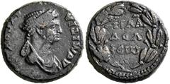 Roman Provincial LYDIA. Philadelphia. Domitia, Augusta, 82-96. Assarion (Bronze, 18 mm, 5.84 g, 6 h). ΔΟΜΙΤΙΑ ΑΥΓΟΥCΤΑ Draped bust of Domitia to right. Rev. ΦΙΛΑ/ΔEΛ/ΦEⲰ/Ν in four lines within laurel 