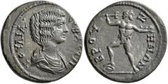 Roman Provincial PHRYGIA. Bruzus. Julia Domna, Augusta, 193-217. Diassarion (Bronze, 23 mm, 6.61 g, 11 h). •IOYΛΙΑ••CЄΒΑCΤΗ• Draped bust of Julia Domna to right. Rev. ΒΡΟΥΖΗΝΩΝ Poseidon standing left,