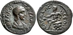 Roman Provincial PISIDIA. Sagalassus. Julia Paula, Augusta, 219-220. Assarion (Bronze, 21 mm, 4.29 g, 4 h). ΙΟΥΛ ΚΟΡ ΠΑΥΛΑ ϹЄΒ Draped bust of Julia Paula to right. Rev. ϹΑΓΑΛΑϹϹЄΩΝ Hermes seated left 
