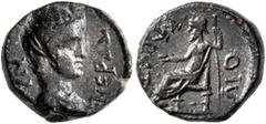 Roman Provincial ASIA MINOR. Uncertain. Nero, as Caesar, 50-54. 1/3 Assarion (?) (Bronze, 13 mm, 2.11 g, 12 h). NЄPΩ-NA Bare head of Nero to right. Rev. KAΠЄT[Ω]-ΛIO Zeus Kapetolios seated left, holdi
