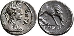 Roman Republican & Imperatorial C. Hosidius C.f. Geta, 64 BC. Denarius (Silver, 18 mm, 4.00 g, 6 h), Rome. GETA - [III•VIR] Diademed and draped bust of Diana to right, with bow and quiver over her sho