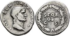 Roman Imperial Galba, 68-69. Denarius (Silver, 19 mm, 3.39 g, 6 h), Rome, 2nd half of June 68-January 69. IMP SER GALBA AVG Bare head of Galba to right. Rev. S P Q R / OB / C S in three lines within o