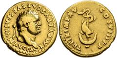Roman Imperial Titus, 79-81. Aureus (Gold, 18 mm, 7.00 g, 6 h), Rome, 80. IMP TITVS CAES VESPASIAN AVG P M Laureate head of Titus to right. Rev. TR P IX IMP XV COS VIII P P Dolphin coiled around ancho