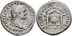 Roman Imperial Titus, 79-81. Denarius (Silver, 17 mm, 3.46 g, 6 h), Rome, 80. IMP•TITVS CAES VESPASIAN AVG P M Laureate head of Titus to right. Rev. TR P IX IMP XV COS VIII P P Pulvinar of Jupiter and
