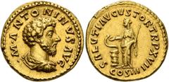 Roman Imperial Marcus Aurelius, 161-180. Aureus (Gold, 19 mm, 7.28 g, 6 h), Rome, 163. •M•ANTONINVS AVG Bare-headed, draped and cuirassed bust of Marcus Aurelius to right, seen from behind. Rev. SALVT