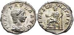 Roman Imperial Julia Paula, Augusta, 219-220. Denarius (Silver, 18 mm, 3.29 g, 12 h), Rome. IVLIA PAVLA AVG Draped bust of Julia Paula to right. Rev. VENVS GENETRIX Venus seated left, holding apple in