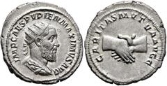 Roman Imperial Pupienus, 238. Antoninianus (Silver, 23 mm, 4.55 g, 12 h), Rome, circa April-June 238. IMP CAES PVPIEN MAXIMVS AVG Radiate, draped and cuirassed bust of Pupienus to right, seen from beh