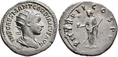 Roman Imperial Gordian III, 238-244. Antoninianus (Silver, 21 mm, 4.12 g, 1 h), Antiochia, 239. IMP CAES M ANT GORDIANVS AVG Radiate, draped and cuirassed bust of Gordian III to right, seen from behin
