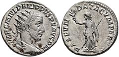 Roman Imperial Philip I, 244-249. Antoninianus (Silver, 22 mm, 4.59 g, 1 h), Antiochia, 244-245. IMP C M IVL PHILIPPVS P F AVG P M Radiate, draped and cuirassed bust of Philip to right, seen from behi