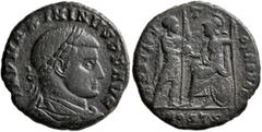 Roman Imperial Maximinus II, 310-313. Follis (Bronze, 21 mm, 4.76 g, 12 h), Ostia, 312-313. IMP MAXIMINVS P F AVG Laureate, draped and cuirassed bust of Maximinus II to right. Rev. RESTITVTOR ROMAE / 