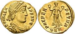 Roman Imperial Valens, 364-378. 1 1/2 Scripula - Nine Siliquae (Gold, 14 mm, 1.71 g, 12 h), Thessalonica, 364. D N VALEN-S P F AVG Pearl-diademed, draped and cuirassed bust of Valens to right. Rev. PA