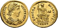 Roman Imperial Gratian, 367-383. Solidus (Gold, 21 mm, 4.46 g, 12 h), Constantinopolis, 380-381. D N GRATIA-NVS P F AVG Rosette-diademed, draped and cuirassed bust of Gratian to right. Rev. CONCOR-DIA