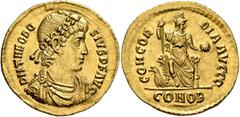 Roman Imperial Theodosius I, 379-395. Solidus (Gold, 22 mm, 4.46 g, 6 h), Constantinopolis, 380-381. D N THEODO-SIVS P F AVG Rosette-diademed, draped and cuirassed bust of Theodosius I to right. Rev. 