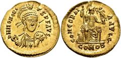 Roman Imperial Honorius, 393-423. Solidus (Gold, 21 mm, 4.43 g, 12 h), Thessalonica, 395-402. D N HONORI-VS P F AVG Pearl-diademed, helmeted and cuirassed bust of Honorius facing, his head turned slig