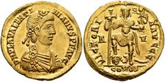 Roman Imperial Valentinian III, 425-455. Solidus (Gold, 21 mm, 4.43 g, 12 h), Ravenna, circa 430-445. D N PLA VALENTI-NIANVS P F AVG Pearl-and-rosette-diademed, draped and cuirassed bust of Valentinia