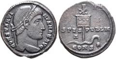 The Ramskold Collection, Part IV Constantine I, 307/310-337. Follis (Bronze, 20 mm, 2.74 g, 6 h), Constantinopolis, 327. CONSTANTI-NVS MAX AVG Laureate head of Constantine I to right. Rev. SPES - PVBL