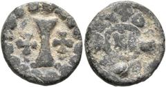 Byzantine Justinian I (?), 527-565. Decanummium (Lead, 17 mm, 3.22 g, 1 h), RY 29 = 556/7 (?). Large I between two crosses; all within border of large pellets. Rev. +ΔIAΔOCЄⲰC ("distribution") around 