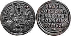 Byzantine Basil I the Macedonian, with Constantine and Leo VI, 867-886. Follis (Bronze, 27 mm, 8.11 g, 5 h), Constantinopolis, 870-879. + LЄOҺ bASIL COҺST AЧGG Facing half-length figures of Basil in c