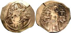 Byzantine Andronicus II Palaeologus, with Michael IX, 1282-1328. Hyperpyron (Electrum, 25 mm, 3.81 g, 6 h), Constantinopolis. Bust of Virgin Mary, orans, flanked by two stars, all within city walls fu