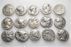 Group Lots A lot containing 15 silver coins. All: Greek. Tetradrachms. Good fine to good very fine. LOT SOLD AS IS, NO RETURNS. 15 coins in lot. From a European collection, formed before 2005.