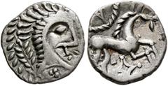 The L.I.M.B. Collection BRITAIN. Iceni. Uninscribed, circa 65-1 BC. Unit (Silver, 13 mm, 1.14 g, 3 h), Norfolk God (Moustache) type. Celticized male head to right, with moustach; behind, grain ear. Re