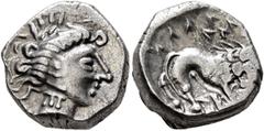 The L.I.M.B. Collection SOUTHERN GAUL. Insubres. 2nd century BC. Drachm (Silver, 14 mm, 3.39 g, 7 h), imitating Massalia. Head of nymph to right, wearing triple-pendant earring. Rev. Lion right; above