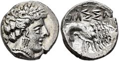 The L.I.M.B. Collection SOUTHERN GAUL. Insubres. 2nd century BC. Drachm (Silver, 16 mm, 2.85 g, 5 h), imitating Massalia. Head of nymph to right, wearing triple-pendant earring. Rev. Lion right; above