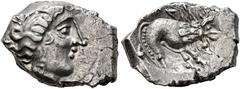 The L.I.M.B. Collection SOUTHERN GAUL. Insubres. 2nd century BC. Drachm (Silver, 16 mm, 3.16 g, 6 h), imitating Massalia. Head of nymph to right, wearing triple-pendant earring. Rev. Lion right; above