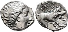 The L.I.M.B. Collection SOUTHERN GAUL. Insubres. 2nd century BC. Drachm (Silver, 13 mm, 2.30 g, 4 h), imitating Massalia. Head of nymph to right. Rev. Lion right; above, devolved legend. CCCBM II 8-9.