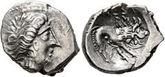 The L.I.M.B. Collection SOUTHERN GAUL. Insubres. 2nd century BC. Drachm (Silver, 16 mm, 2.33 g, 6 h), imitating Massalia. Head of nymph to right, wearing triple-pendant earring. Rev. Lion right; above
