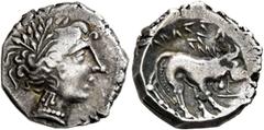 The L.I.M.B. Collection SOUTHERN GAUL. Insubres. 2nd century BC. Drachm (Silver, 16 mm, 3.13 g, 9 h), imitating Massalia. Head of nymph to right, wearing triple-pendant earring. Rev. Lion right; above