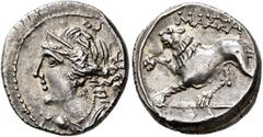 The L.I.M.B. Collection GAUL. Massalia. Circa 125-90 BC. Drachm (Silver, 16 mm, 2.87 g, 7 h), light standard. Diademed and draped bust of Artemis left, with bow and quiver over shoulder; before, Φ (ve