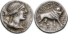 The L.I.M.B. Collection GAUL. Massalia. Circa 90-49 BC. Drachm (Silver, 17 mm, 2.73 g, 6 h), light standard. Diademed and draped bust of Artemis right, with bow and quiver over shoulder; before, H. Re