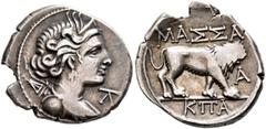 Greek GAUL. Massalia. Circa 125-90 BC. Drachm (Silver, 18 mm, 2.63 g, 4 h), light standard. Diademed and draped bust of Artemis right, with bow and quiver over shoulder. Rev. MAΣΣA / A // KΠA Lion wal