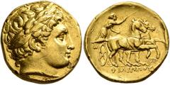 Greek KINGS OF MACEDON. Philip II, 359-336 BC. Stater (Gold, 18 mm, 8.53 g, 4 h), Abydos, struck under Leonnatos, Arrhidaios, or Antigonos I Monophthalmos, 323-317. Laureate head of Apollo to right. R